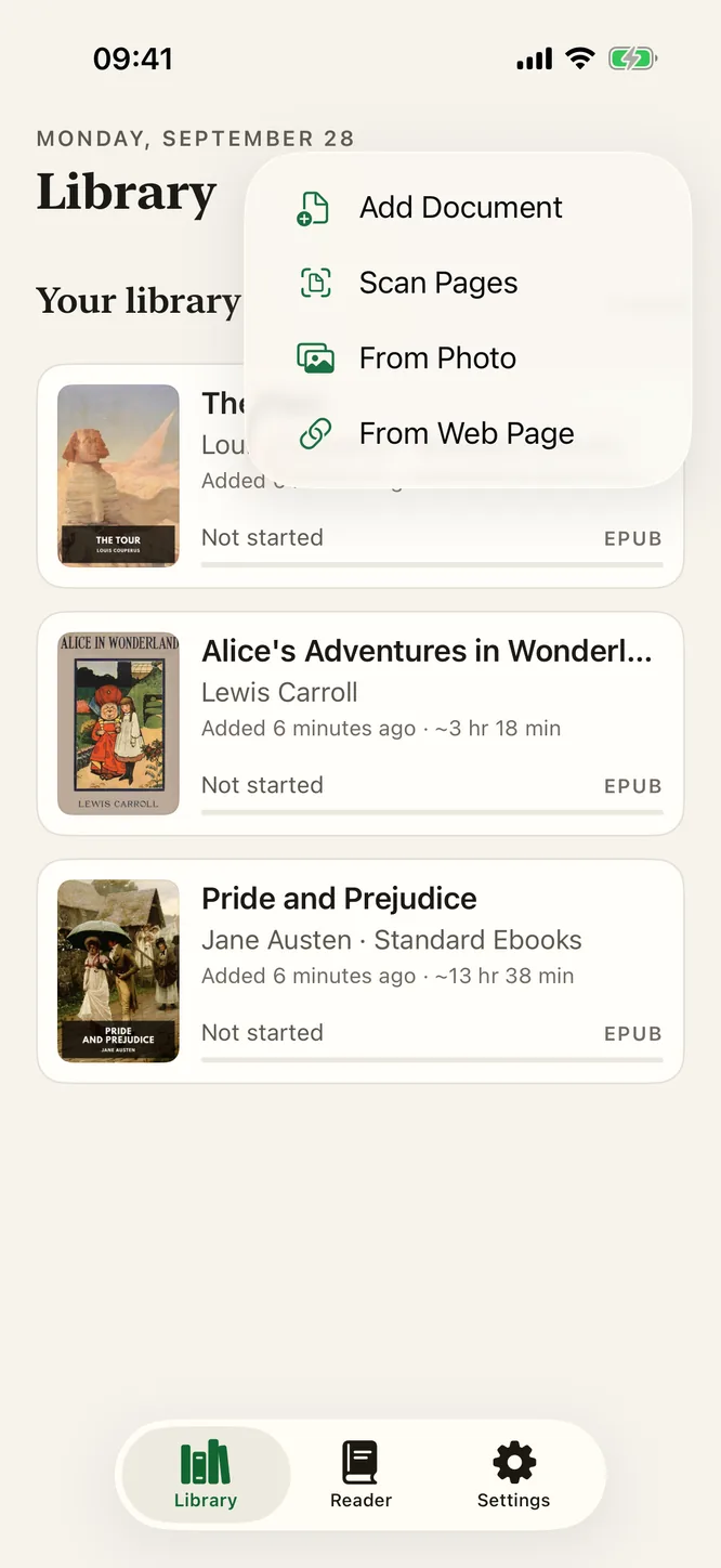 Sandbook's + menu with Add Document, Scan Pages, From Photo and From Web Page