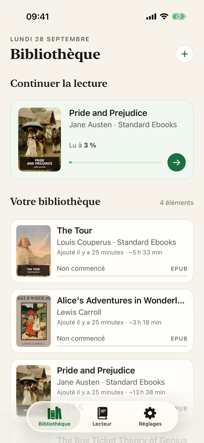 La Bibliothèque de Sandbook en français sur un iPhone : la carte Continuer la lecture, lu à 3 %, puis les livres avec leur couverture et leur durée d’écoute