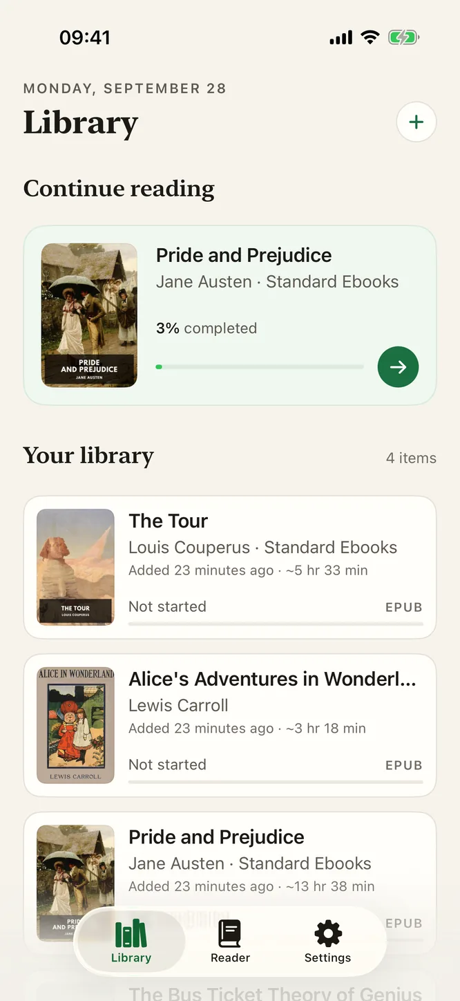 Sandbook's Library on an iPhone: a Continue reading card for Pride and Prejudice at 3%, then EPUB books with their covers, word counts and listening-time estimates.
