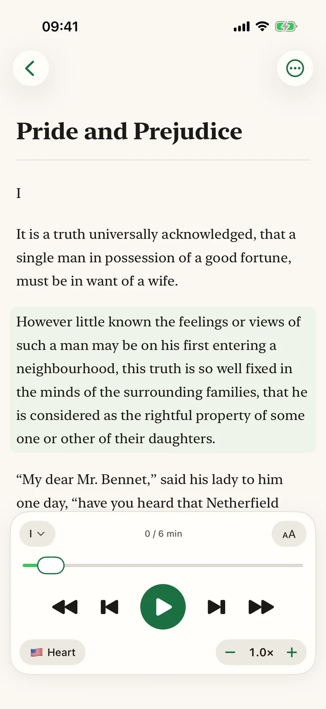 Sandbook's reader on an iPhone showing Pride and Prejudice with the current paragraph softly tinted, and the transport underneath: chapter, 0 / 6 min, the Heart voice and 1.0× speed.