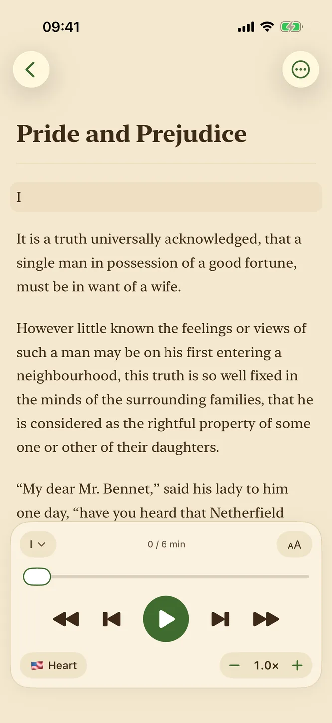 The same page of Pride and Prejudice in Sandbook's Sepia theme.
