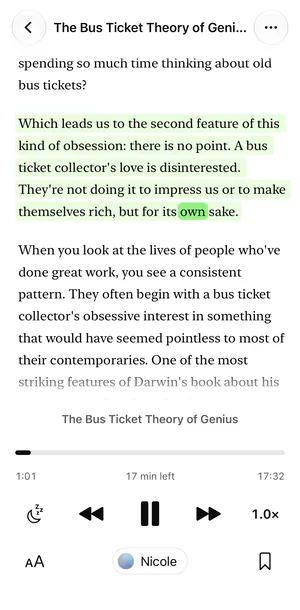 An article, The Bus Ticket Theory of Genius, in Sandbook's Light theme, the passage being read tinted and the player below with the Nicole voice