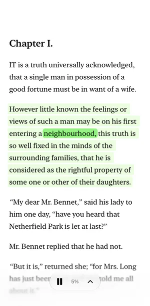 Sandbook's reader on an iPhone: Pride and Prejudice with the paragraph being read tinted green and the spoken word, neighbourhood, marked inside it