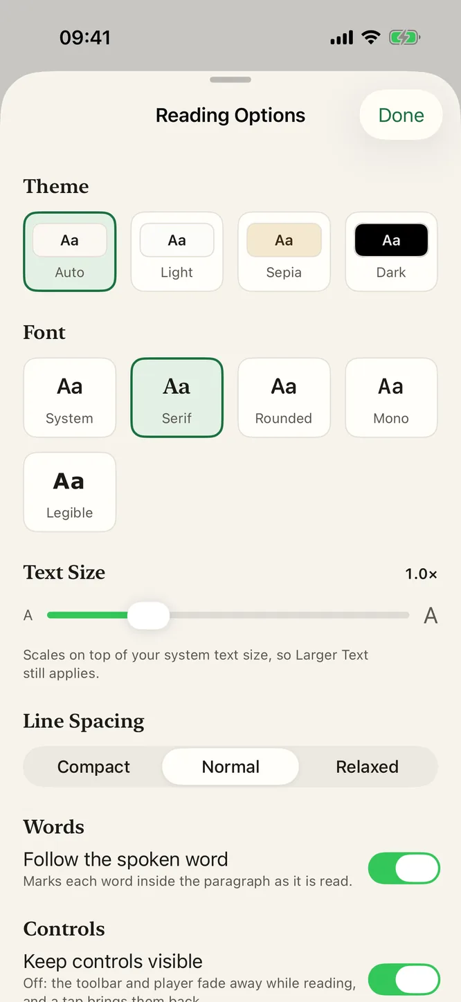 Sandbook's Reading Options sheet: Auto, Light, Sepia and Dark themes; System, Serif, Rounded, Mono and Legible fonts; text size; line spacing; Follow the spoken word; Keep controls visible.