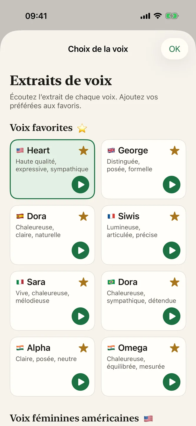 Le sélecteur de voix de Sandbook en français, avec les Extraits de voix et les Voix favorites marquées du drapeau de chaque langue