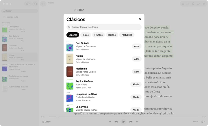 La ventana Clásicos de Sandbook en un Mac, con pestañas de idioma y libros de dominio público como Don Quijote y Marianela.
