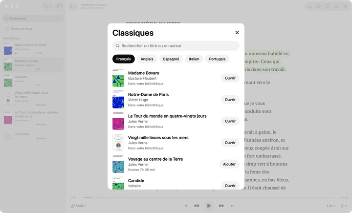 La fenêtre Classiques de Sandbook sur un Mac, avec des onglets de langue et des livres du domaine public comme Madame Bovary et Notre-Dame de Paris.
