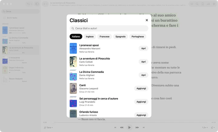 La finestra Classici di Sandbook su un Mac, con le schede delle lingue e libri di pubblico dominio come I promessi sposi e La Divina Commedia.