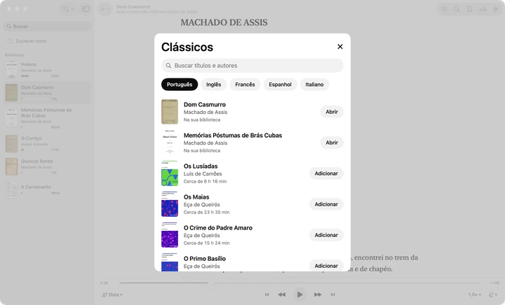 A janela Clássicos do Sandbook em um Mac, com abas de idioma e livros em domínio público como Dom Casmurro e Memórias Póstumas de Brás Cubas.