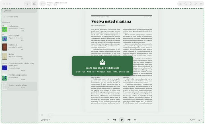 Un archivo arrastrado a la ventana de Sandbook, con el PDF de Vuelva usted mañana abierto detrás: un panel verde dice Suelta para añadir a tu biblioteca, sobre los tipos de archivo que acepta.