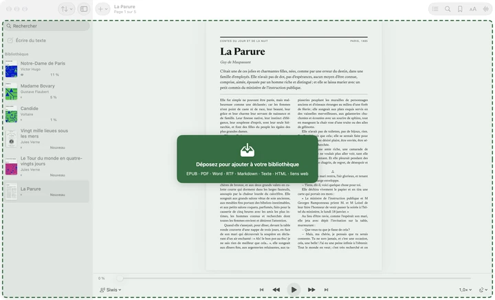 Un fichier glissé sur la fenêtre de Sandbook, avec le PDF de La Parure ouvert derrière : un panneau vert indique Déposez pour ajouter à votre bibliothèque, au-dessus des types de fichiers acceptés.