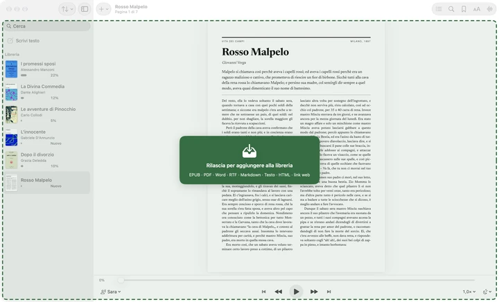 Un file trascinato sulla finestra di Sandbook, con il PDF di Rosso Malpelo aperto dietro: un riquadro verde dice Rilascia per aggiungere alla libreria, sopra i tipi di file accettati.