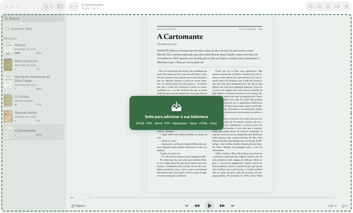 Um arquivo sendo arrastado para a janela do Sandbook, com o PDF de A Cartomante aberto atrás: um painel verde diz Solte para adicionar à sua biblioteca, acima dos tipos de arquivo aceitos.