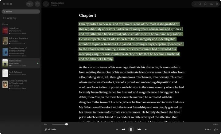 Sandbook on a Mac in the dark theme, reading the first chapter of Frankenstein aloud in the voice Michael, with the current paragraph highlighted and the spoken word marked.
