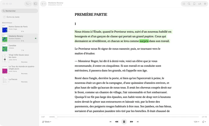 Sandbook sur un Mac : Écrire du texte et la bibliothèque dans la barre latérale, le début de Madame Bovary ouvert à côté avec le paragraphe lu surligné et le mot prononcé marqué, et le lecteur en bas de la fenêtre.