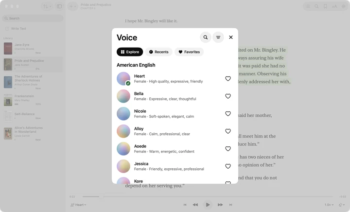 The voice picker in Sandbook on a Mac, listing American English voices such as Heart, Bella and Nicole, each with a short description.