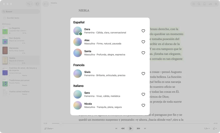 El selector de voces de Sandbook en un Mac, con las voces en español Dora, Alex y Santa, la voz francesa Siwis y las italianas, cada una con una breve descripción.