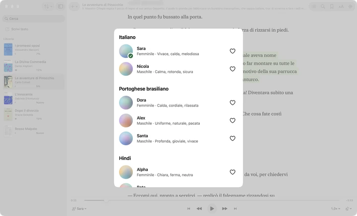 La scelta delle voci di Sandbook su un Mac, con le voci italiane Sara e Nicola, poi le voci in portoghese brasiliano e in hindi, ognuna con una breve descrizione.