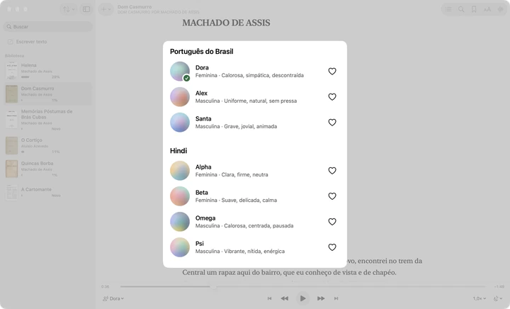 A escolha de vozes do Sandbook em um Mac, com as vozes em português do Brasil Dora, Alex e Santa e depois as vozes em hindi, cada uma com uma breve descrição.